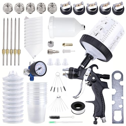 Zeinlenx HVLP Spray Gun with 10Pcs 600ML Disposable Paint Cups, 5 Nozzles,1.4/1.7/2.0/2.5/3.0mm, Automotive Gravity Feed Paint Spray Gun Kit with Air Compressor Regulator for Auto (Black)