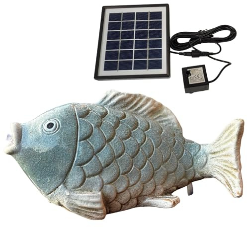 Storm's Gartenzaubereien Solar Wasserspeier Fisch aus Keramik - Blau-Weiss glasierte Teichfigur - Maritimes Wasserspiel für Garten Balkon Miniteich - Solarfontäne mit 3m Kabel