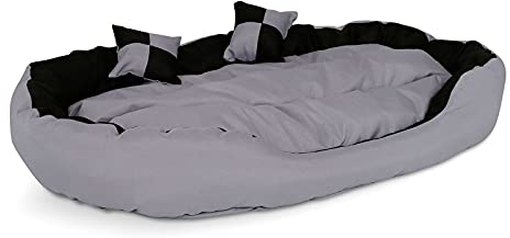 lionto Hundebett 4-in-1 mit Wendekissen aus robustem Oxford, 110x80 cm, Heimtierkissen Kratzfest mit tiefem Einstieg für Katzen und Hunde Aller Größen, inkl. Zierkissen, wasserabweisend, grau/schwarz