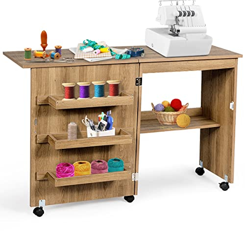 COSTWAY Folding Sewing Table, 2-in-1 Rolling Craft Table with Storage Shelves and Lockable Casters, Space Saving Sewing Machine Cabinet Computer Desk (Natural)