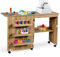 COSTWAY Folding Sewing Table, 2-in-1 Rolling Craft Table with Storage Shelves and Lockable Casters, Space Saving Sewing Machine Cabinet Computer Desk (Natural)