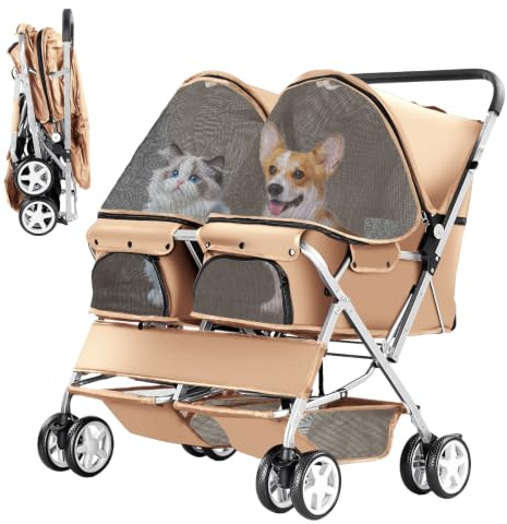 Double Pet Stroller, Foldable Stroller for 2 Dogs & Cats, Two-Seater Carrier Twin Dog Walk Jogger Travel Pet Carriage Cart with Storage, Beige