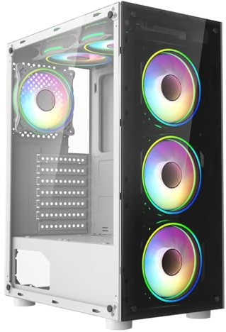 CiT Mirage White Mid-Tower PC Gaming Case ATX with 2 x Tempered Glass Panels - 30% Tint Tempered Glass Side Window with 4 x Infinity 120mm ARGB Dual-Ring Fans & 6-Port Hub Included