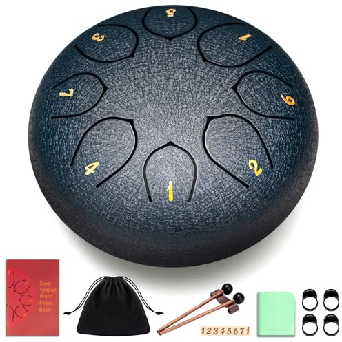 CAHAYA Steel Rain Drum 6-Inch: 8 Notes Steel Tongue Drum with Mallets Finger Paddles Percussion Handpan for Friends Moms Meditation Gift Navy Blue