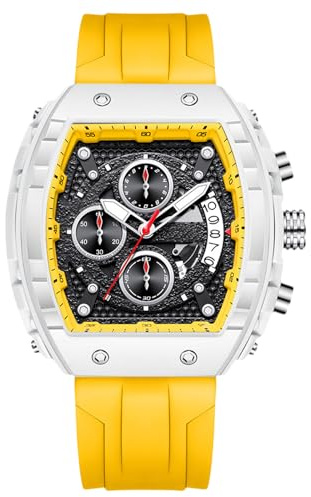 RORIOS Orologio da Polso Tonneau da Uomo Orologi Elegante Casual Orologio Sportivi Cinturino in Silicone Orologio Multifunzionale Analogico Quarzo Giallo