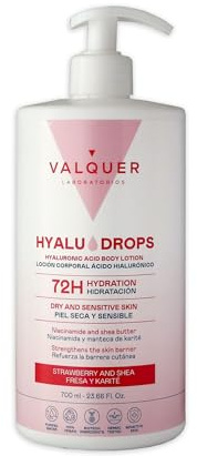 Valquer Hyaludrops Crema Hidratante Corporal Fresa y Karité. Loción para Piel Seca y Sensible, Hasta 72 Horas de Hidratación Nutritiva con Ácido Hialurónico, Niaciamida y Manteca de Karité. 700 ml.