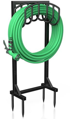 iRhodesy Soporte para Manguera de Jardin de 109,5 cm, Soporte Independiente y Resistente con 4 Estacas, Soporte Metálico con Capacidad para una Manguera de Hasta 45 Metros, para el Patio y el Jardín