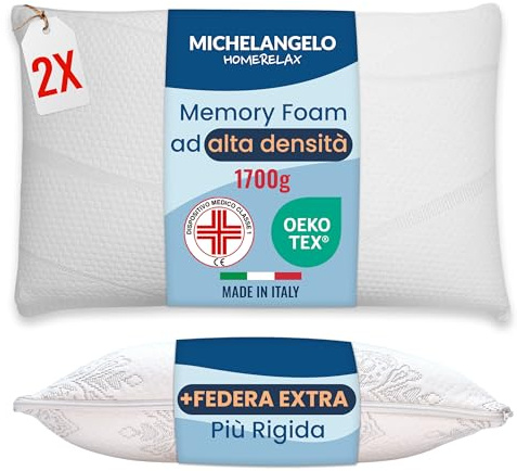 Michelangelo HomeRelax - COPPIA di Cuscini ALTI + Federa Rigida EXTRA in Memory Foam Cervicale Per Dormire Made in Italy DISPOSITIVO MEDICO Ortopedico Ergonomico Anallergico Traspirante Lavabile