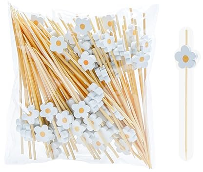 Rainway 100 Stück Gänseblümchen Cocktailspieße, 12 Cm Holzspieße Für Fingerfood, Obstspieße Käsespieße Partyspieße, Deko Spieße für Snacks Burger Party Buffet