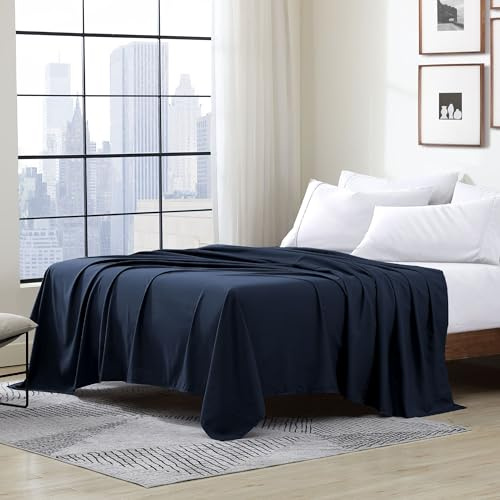 Cathay Home Hotel Luxury Wrinkle & Fade Resistant Double Brushed Ultra Soft Microfiber 1-Piece Single Flat Sheet - Navy Blue, Queen (90 x 102)