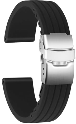 ULLCHRO Correa Reloj Calidad Alta Recambios Correa Relojes Caucho Stripe Pattern - 16mm, 18mm, 20mm, 22mm, 24mm Silicona Correa Reloj con Acero inoxidable Hebilla desplegable (18mm, negro)