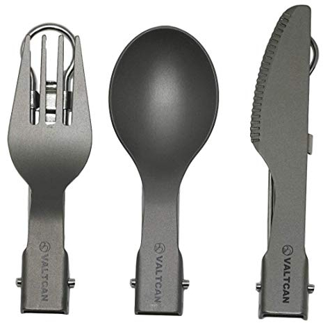 Valtcan Titanium Folding Utensil Set 3 Piece Fork Knife Spoon - 58g Ultralight, Locking Hinge, Full-Size When Open, Pocket-Size When Folded, Zero Metallic Taste, Grade 1 Ti, Carry Pouch, Camping EDC