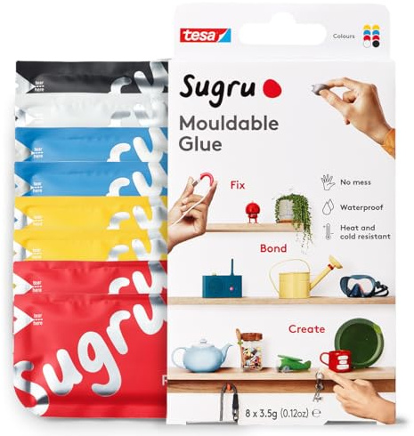 Sugru by tesa - Formbarer Allzweckkleber, 8er-Pack, 8 x 3,5 g, Rot, Blau, Gelb, Schwarz & Weiß - vielseitige Klebeknete - zum Reparieren, Kleben und zum Befestigen ohne Bohren
