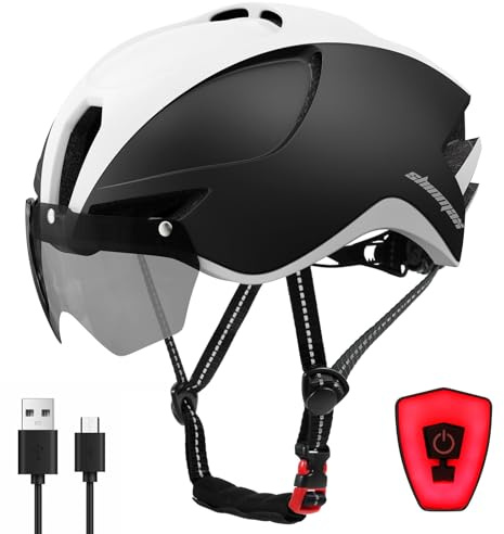 Shinmax Fahrradhelm Herren Damen mit Licht USB-Aufladung Fahrradhelm mit Visier Magnetische Abnehmbarer Urban Erwachsene Radhelm Verstellbarer CE Zertifizierung 57-62CM (Schwarz Weiß)