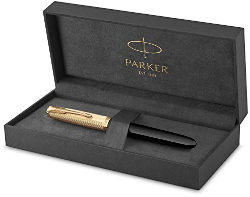 Parker 51 Deluxe Füller | Luxuriöser Schwarzer Schaft mit Goldzierteilen | Füllfederhalter Mittlere Spitze in 18k Gold mit Schwarzer Tintenpatrone | Geschenkbox