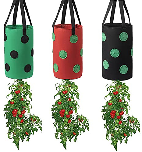 FGYZYP Trädgårdshängande tomat jordgubb plantering växtpåse, 3 st flerfärgad upp och ner grönsaksplanterare med 12 odlingshål och handtag, odlingshängarväska för tomat chili jordgubb frukthus trädgård