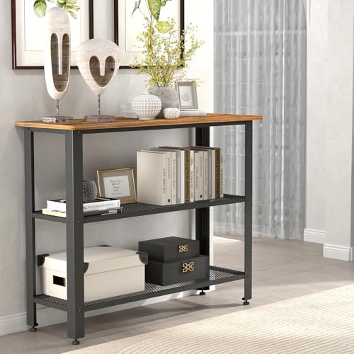 H JINHUI 3-Tier Console Table, 100 x 38 x 79cm, Industrial Wooden Narrow Console Table, Hallway Table with Storage Shelves, Metal Mesh Frame, End Table for Small Spaces, Living Room