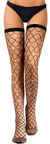 Geyoga Bas en Résille de Strass à Motifs Bas de Cuisse à Paillettes (Noir)