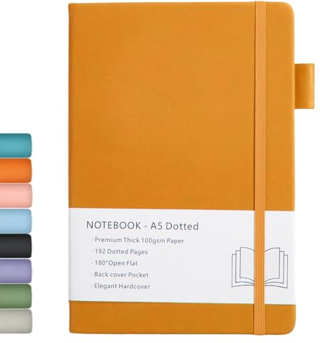 Carnet en Pointillé A5, Couverture Rigide, Journal à Pointillés avec Papier épais de 100 gsm, Poche Intérieure, Bande élastique, Couverture en Similicuir, 192 Pages, 14,5 x 21,3 cm