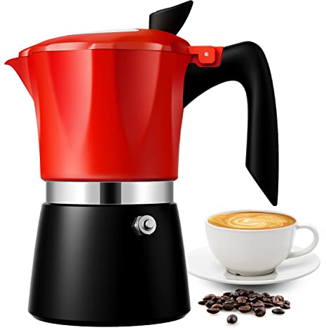 Stovetop Coffee Maker Espresso Italian Moka Pot with Transparent Top Lid, 300ml-6 Espresso Cups, Classic Aluminium Coffee Percolator, Red/Black