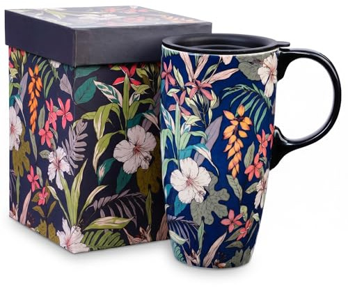 DUSVALLY Ceramic Travel Mug with Lid, 500ml/17oz Tropical Hibiscus Coffee Cup with Handle, Botanical Tea Mug, Microwave & Dishwasher Safe, Gift Box Included