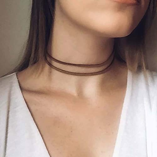 TseenYi Boho Layered Leder Choker Halskette Samt Wildleder Mehrlagig Punk Kurz Schmuck Für Frauen Und Mädchen (Braun)