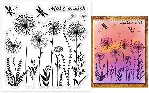 GLOBLELAND Dandelion Silhouette Background Clear Stamps Flowers Dragonfly Silicone Clear Stamp Seals for Cards Making DIY Scrapbooking Photo Journal Album Decoration, 15x15cm/6x6inch