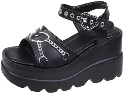 Ulalaza Kvinnor plattform Mary Jane kil fladdermus hjärta kedja sandaler öppen tå ankel gotisk Lolita plattform klänning pumps skor tjocka plattformsskor patentläder finskor, Bh, 40.5 EU
