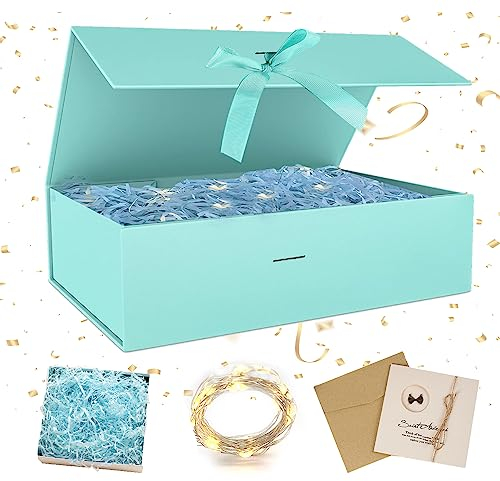 Geschenkbox mit Deckel, Geschenkbox mit Schleifen, Faltbare Geschenkboxs, Geschenkkarton mit Magnetisch, Grußkarten, Raffia Hamper Shreds, LED-Lichterkette, für Hochzeit Geburtstag Weihnachten