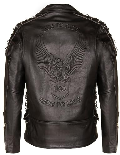 Infinity Leather Herren Schwarz Brando Biker Jacke LIVE TO RIDE Geprägtes EAGLE Leder Vintage
