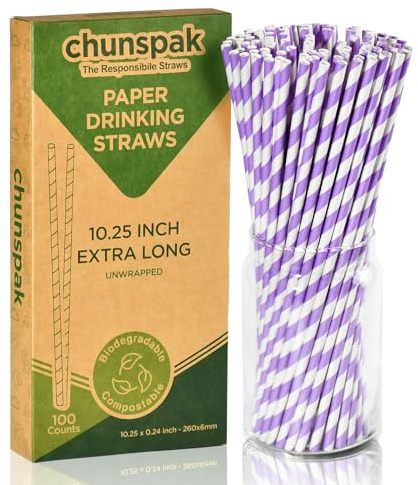 Pailles en papier jetables extra longues de 26 cm – 0,6 cm de diamètre, rayées violet/blanc, 100 pièces