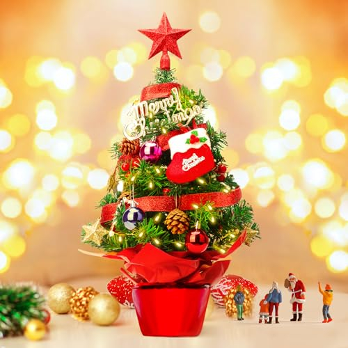 Mini Weihnachtsbaum 60cm Kleiner Weihnachtsbaum mit Beleuchtung LED Tisch Weihnachtsbaum klein künstlich Geschmückt Tannenbaum Christbaum Tree Weihnachten Deko Rot