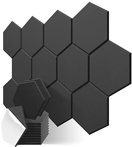 JBER 12 Pack Hexagon Acoustic Panels Beveled Edge Sound Proof Foam Panels Self-adhesive,30x26x1cm High-Density Sound Absorbing Panels Wall For Acoustic Treatment,Home Office (BLACK)