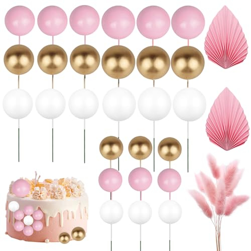 41 Pcs Pink Cake Balls Decoration Ball Cake Toppers Decorations Cake Decorations Flowers Pink and Gold Balls for Cakes Pinks Palm Leaves Cupcake Toppers for Baby Shower Wedding Party Anniversary