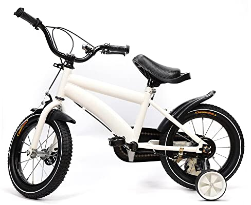 HuKaiL 14 Zoll Kinderfahrrad, Jungen Mädchen Fahrrad, Kinderrad für ab 3-6 Jahre, Höhenverstellbares Ausbildungsfahrzeuge mit Stützräder und Duales Bremssystem, Weiß…