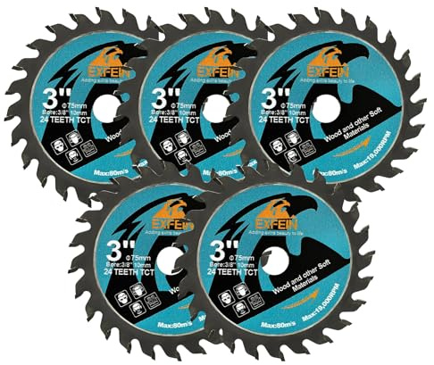 EXFEIN 3-tums TCT-sågblad 5-pack, hårdmetalltippade för träskärning metallskärning (aluminium/stål), passar 10 mm (3/8 tum) hjulslipar inte för sten/glas