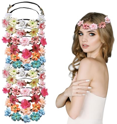 FUIPVGI 12 Stück Blumenkranz Stirnband, Blumenkranz Haare, Damen Mädchen Boho Blumen Haarband, Blumen Hochzeit Stirnband, Hawaiianische Haarschmuck, für Party Strand Geburtstag Weihnachten