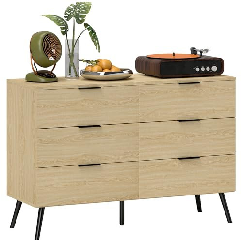 HOMCOM Commode 6 tiroirs Commode pour Chambre à Coucher Design Moderne avec Anti-basculement 110L x 40l x 75H cm Aspect Bois