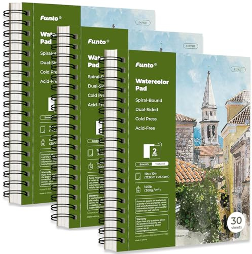 Funto Bloc De Papier Aquarelle 10x7(25,4x17,78cm), Lot de 3, 90 feuilles, 140 lb/300 g/m², papier pressé à froid recto verso, reliure spirale, papier épais pour peinture à l'aquarelle