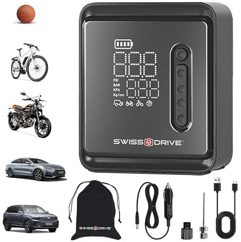 S SUMEX Mini Compresor Aire Portatil Bateria Recargable Inflador Ruedas Coche 160PSI/10,3Bar/12V/120W con Iluminación LED de Emergencia y 5 Modos de Inflado para Coche Moto Pelota Bicicleta