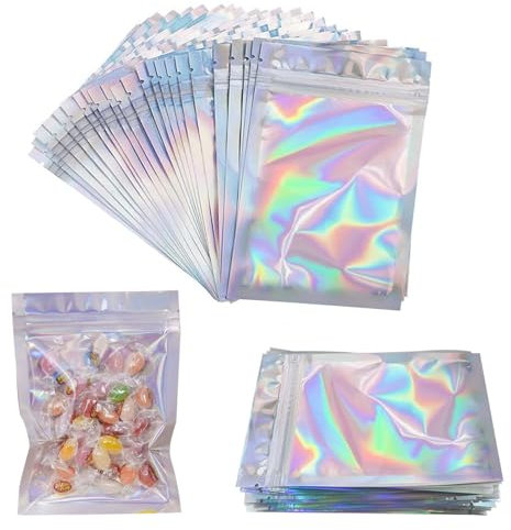 50Pcs Bolsas Holográficas Resellables a Prueba de Olores, 10.4x15cm Bolsas Transparentes de Papel de Aluminio Reutilizables, Bolsas con Cierre Hermético de Mylar para Granos de Café Dulces Galletas