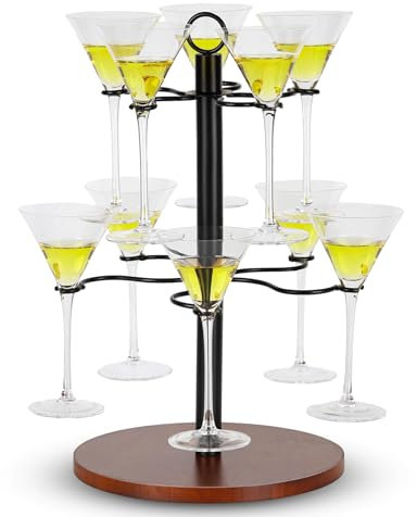JUJOYBD Tour pour 10 verres, arbre de service à 2 niveaux pour verres à vin, verres à apérol et verres à cocktail, porte-gobelets avec base en bois pour fêtes, vacances et événements en plein air