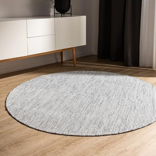 benuta Basic handgewebter Baumwollteppich Ron - Beige/Schwarz 120 cm rund - Handwebteppich 100% Baumwolle - rund im Stil: Uni, Minimalistisch, Natural Living - Pflegeleicht für Wohnzimmer Schlafzimmer