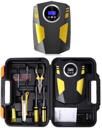 Housekeeper 12V Tyre Inflator & Puncture Repair Tool Kit – Portable Car & Bike Air Compressor with LED Display, Flashlight, Auto Shut-Off – 150 PSI, LCD Screen