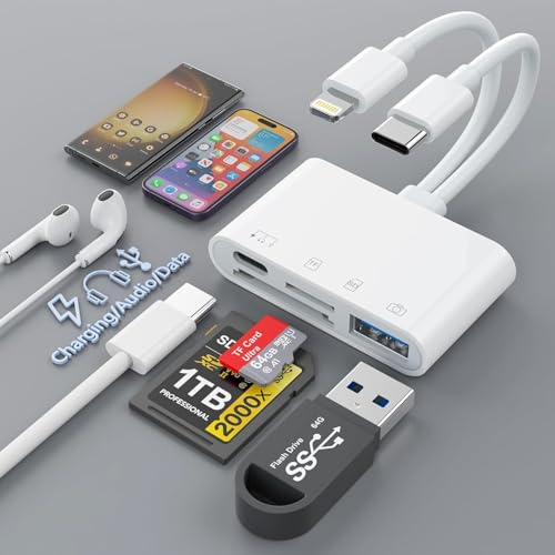 4-i-2 SD-kortläsare för iPhone/iPad [MFi-certifierad], USB C/Lightning till SD-kortadapter med SD TF Typ-C USB 4-kortplatser, kameraminneskortläsare för iPhone16 15 14 13/iPad/Android, Plug and Play