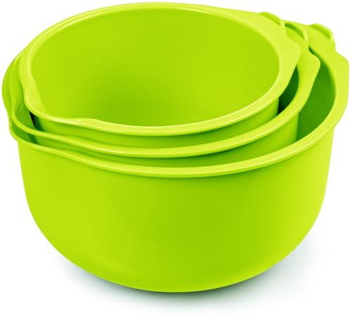 KONZEPT Rührschüssel Set 3-teilig aus Kunststoff in Grün – mit Ausgießer, Anti-Rutsch-Boden, stapelbar, mit Messskala, spülmaschinengeeignet – ideal zum Backen, Mischen & Aufbewahren