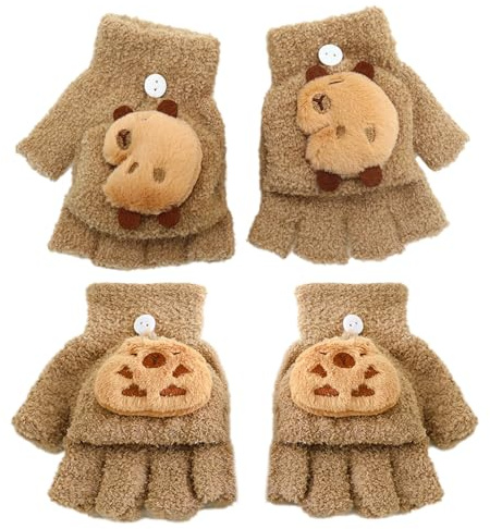 FOSDICK 2 Paar Capybara Fingerlose Handschuhe Kinder mit Kappe, Kinder Handschuhe Fingerlos mit Kappe, Capybara Klapphandschuhe Kinder, Warme Fingerhandschuhe mit Kappe für Junge Mädchen 7-14 Jahre