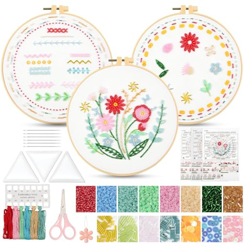 UXORSN Kit de broderie pour débutants - 3 kits de broderie pour adultes - Perles - Plantes - Motif floral - Kit de broderie au point de croix - Avec cadre en plastique - Instructions et outils - DIY