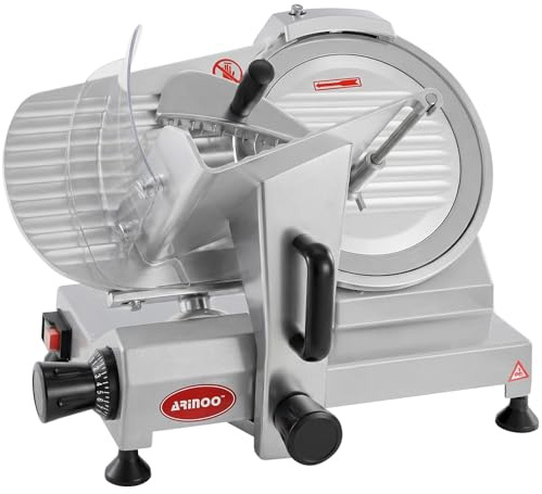 ARINOO 10''Commercial Meat Slicer, Electric Food Slicer with Carbon Steel Blade and Sharpening Stone, Deli Food Slicer for Frozen Meat, Cheese, and Bread, Easy to Clean for Home & Restaurant Use