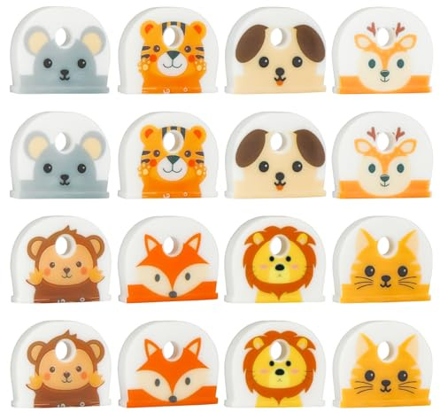 Uniclife 16 Piezas Fundas para Llaves, 2,5 cm Identificadores de Llaves con Etiquetas, Fundas para Llaves Suaves y Elásticas para Llaves Casa, Protectores Adorables Cabezas Llaves Estándar, 8 Estilos